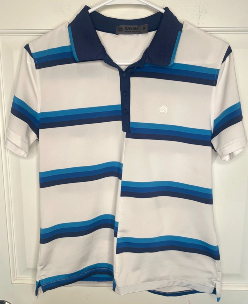 G/Fore Women's Offset Stripe Tech Knit Polo Top Sz M Turquoise Navy Golf Active